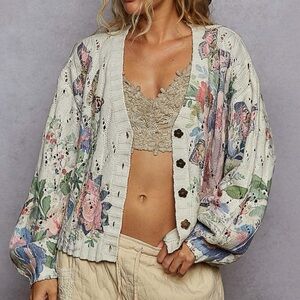 POL Bohemian Cream Floral Butterfly Cottagecore Cardigan Sweater S M L